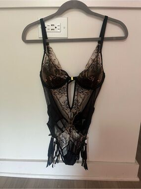 Sheer Black & Gold Embroidered Lace Bodysuit
